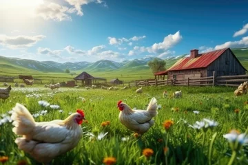 Poster Beautiful spring chicken farm, spring outdoor chicken farm, dreamy farm life © Peng