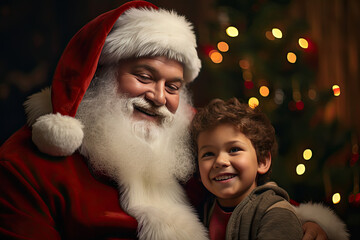 Adorable child with latino, black, indian, indigenous, diverse, Santa Claus, Father Christmas, Saint Nicholas, Saint Nick, Kris Kringle, in red suit and hat.  Cute, adorable, happy, love