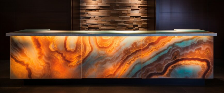 Depict a reception desk with a stunning, backlit onyx panel, leaving a striking first impression.