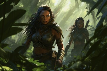 Female warrior in the jungle, female warrior in the ancient forest full of imaginative science fiction, female warrior in the jungle wearing armor