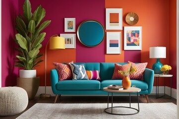 An inviting, brightly lit living room with a mix of cozy textures and a bold, colorful accent wall.
