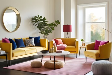 A vibrant, minimalist living room bathed in warm sunlight, featuring sleek, colorful furniture and cozy throws.
