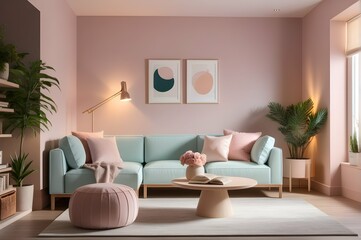 A cozy reading nook in a modern, pastel-colored corner, surrounded by soft cushions and warm ambient lighting.
