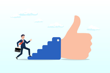 Businessman begin to walk up stair to thumb up, success steps to reach work achievement, stair or ladder of success, self improvement or career development, step to succeed and reach goal (Vector) - obrazy, fototapety, plakaty