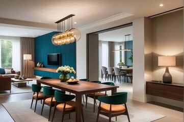 A well-lit, cozy dining area showcasing a harmonious blend of rich colors, minimalist design, and comfortable seating.
