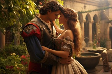 The prince in the fairy tale is kissing the princess, dreamy prince and princess, fairy tale illustration