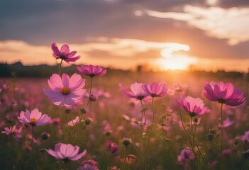 Fototapeta premium Natural view cosmos filed and sunset on garden background stock photoFlower, Springtime, Summer, Agricultural Field, Backgrounds