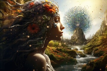 Sci-fi style portrait of woman with flowered hair, futuristic female robot decorated with trees. green city and flower robot
