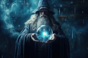 Magician holding crystal ball, imaginative magician from fairy tale, elderly magician and divination crystal ball - obrazy, fototapety, plakaty