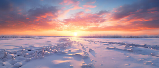 A breathtaking winter landscape, as the sun sets over the horizon, painting the sky with a fiery afterglow and blanketing the frozen field in a soft layer of snow - obrazy, fototapety, plakaty