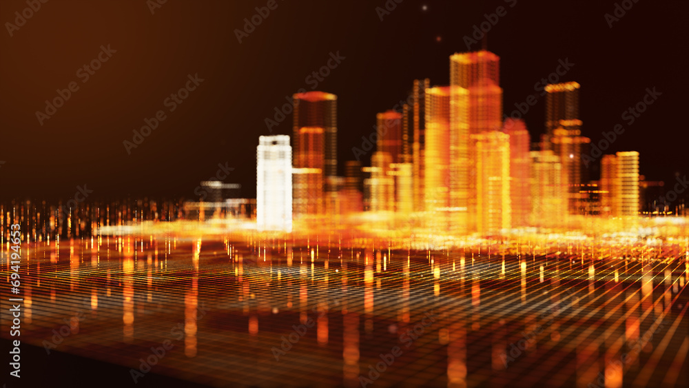 Poster futuristic digital city, glowing color buildings with a particles network. technology and connection