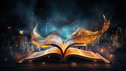 A magical book with open vintage pages and abstracts glowing against a dark background, Concept of Literature and Education. Generative AI