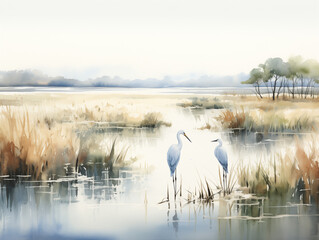 Egrets in the reeds - obrazy, fototapety, plakaty