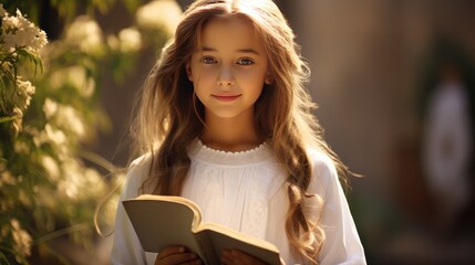 A beautiful teenage girl with white dress just finish First Holy Communion, bible in hand