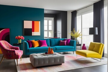 A vibrant burst of hues adorning a chic, minimalist living space with plush furnishings.

