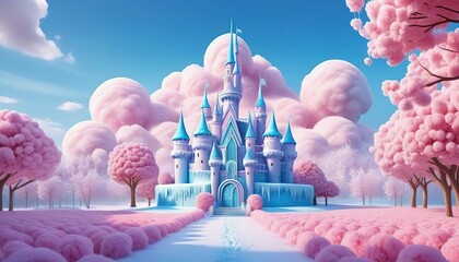 3D rendering of a fairy tale castle with cotton candy clouds.