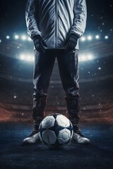 realistic photography of a football player holding ball at their foot, ball, supporter, first person perspective, design for social media template poster