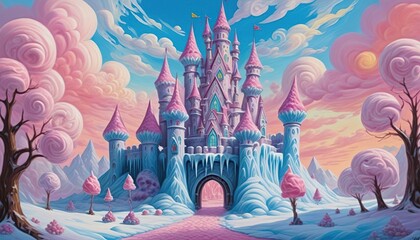 3D rendering of a fairy tale castle with cotton candy clouds.