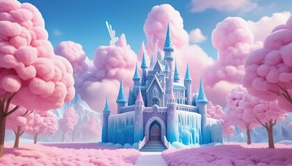 3D rendering of a fairy tale castle with cotton candy clouds.