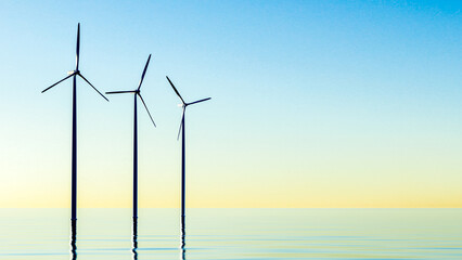 Offshore Wind Turbines Farm At sunset. Green ecological power energy generation. Floating wind...