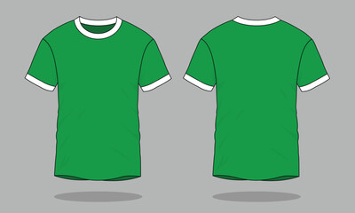 Green-White Short Sleeves T-Shirt Design on Gray Background.Front and Back View, Vector File
