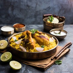 delicious spicy chicken biryani in bowl over moody background
