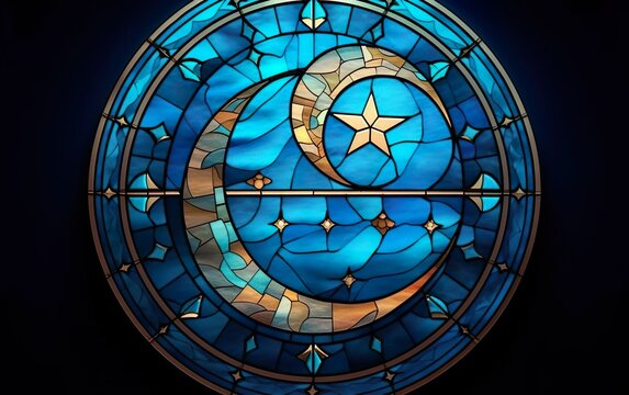 Happy Ramadan poster stained glass window in the shape of circle. Happy Ramadan poster. Islamic holiday banner with muslim Waning Crescent Moon and star. AI Generative.