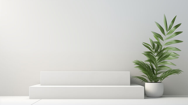 white square podium and plant tree in minimal style with white floor and white background, 3d background, abstract background, 3d render, generate ai