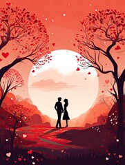 Romantic Sunset Full Moon Heart Trees Valentines Day Greeting Card Art and Love Artwork