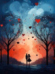 Lovers and Heart Trees Valentines Day Greeting Card Art and Romantic Love Artwork