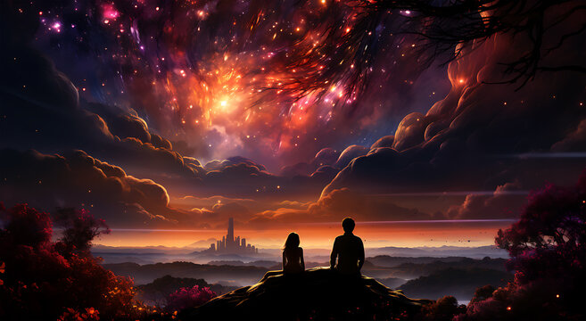 A Couple Sits In Flower Garden Looking At The Beautiful Stars With The Lights Pointing Up At The Sky