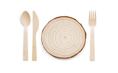 Place setting on table with fork knife spoon and plate or charger. Empty platter with slice of wood.