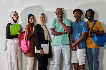 In a vibrant display of educational diversity, a group of students strikes a pose against a clean white background, holding backpacks, laptops, and tablets, symbolizing a blend of modern technology