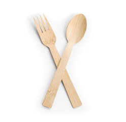 Set of table ware with fork and spoon. Bamboo wood biodegradable recycled materials isolated on white. - 694202616