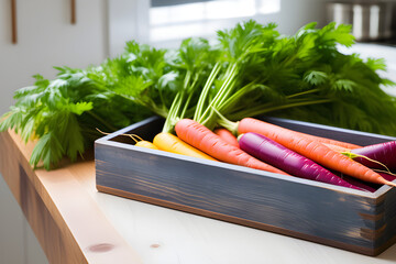 The wooden box on the kitchen table, the colored carrots in it generative ai