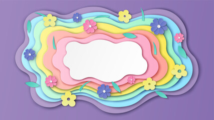 Spring rainbow paper overlapping frame decorated with flower, leaves. Springtime frame design. Spring background template. paper cut and craft style. vector, illustration.