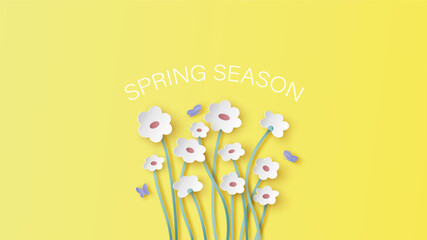 White paper flower and SPRING SEASON calligraphy with butterfly. White flowers in spring. paper cut and craft style. vector, illustration.