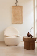 Aesthetic artsy interior design vignette with white designer armchair and teak wood accents