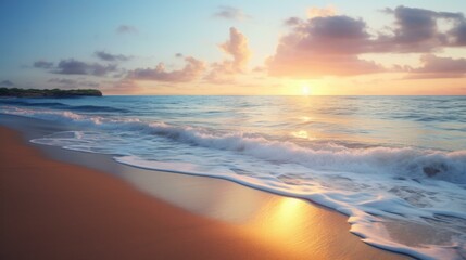 A beautiful sunset over the ocean with waves on the beach. Generative AI.