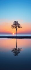 Fototapeta na wymiar A lone tree is reflected in the water at sunset. Generative AI.
