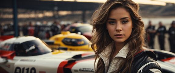 a girl in a racing drivers outfit next to her race - obrazy, fototapety, plakaty