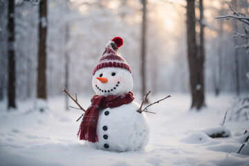 Obraz premium a snowman with a cold hat and a scarf at christmas time