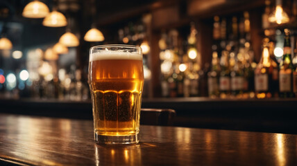 Sparkling beer in a bar at night product photo