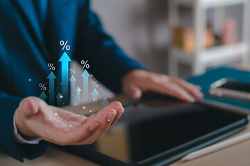 Interest rate increase concept. Businessman show  percentage and up arrow investment, Interest rate...