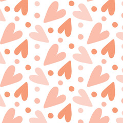 Seamless pattern for Valentine's Day. Peach fluff, hearts and polka dots.