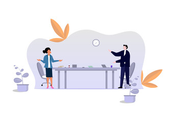 Creative consulting in office with ideas working together with laptop and tablet, cartoon flat vector illustration