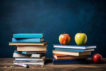 back to school concept book and apple on blue background
