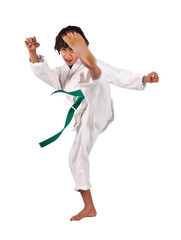african american boy in karate suit training, mixed race , uniform karate gi , keikogi or dogi,...