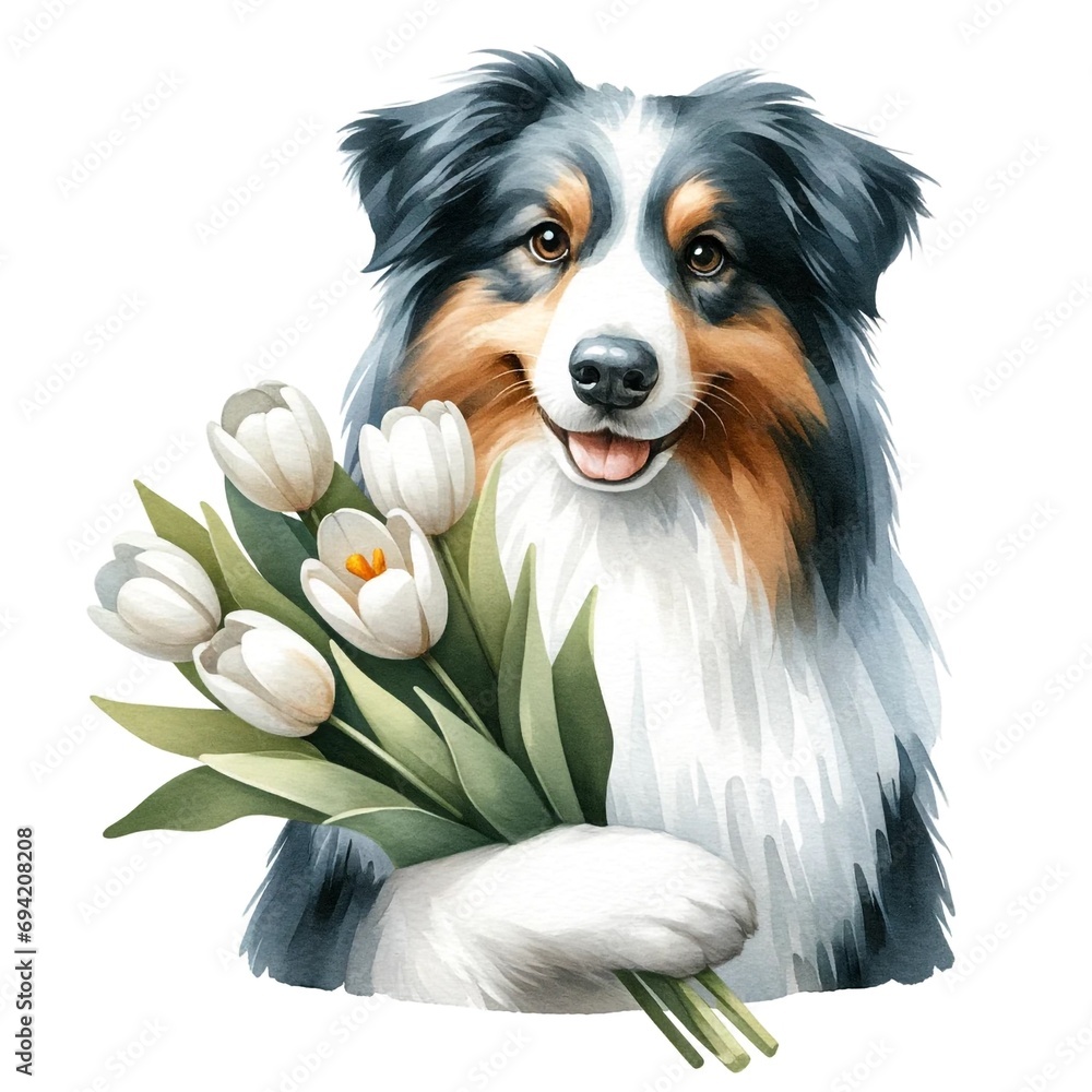 Poster Aussie holdig bouquet of white tulips created with Generative AI technology