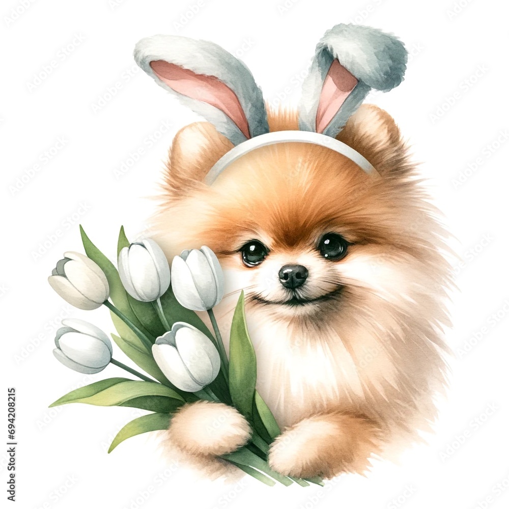 Poster easter pomeranian illustration created with generative ai technology